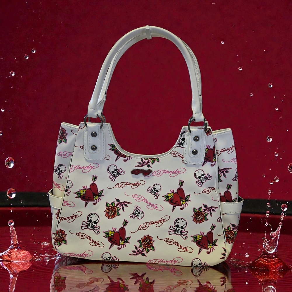 NEW Ed Hardy White Women's Bag With Skull,Rose & Heart Tattoo Designs Y2K NWT